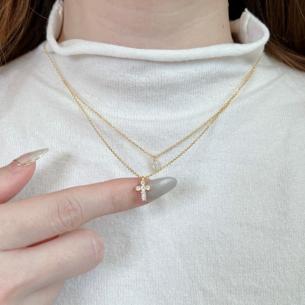 Doppellagige Kreuz-Halskette mit kubischem Zirkonia aus Sterlingsilber