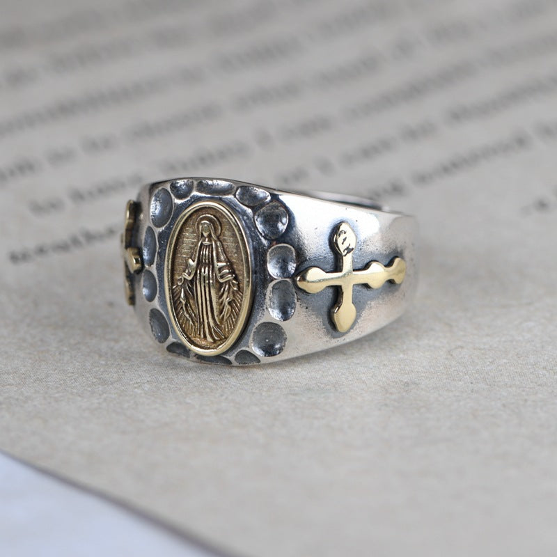 Vintage Cross Marian Open Silver Ring