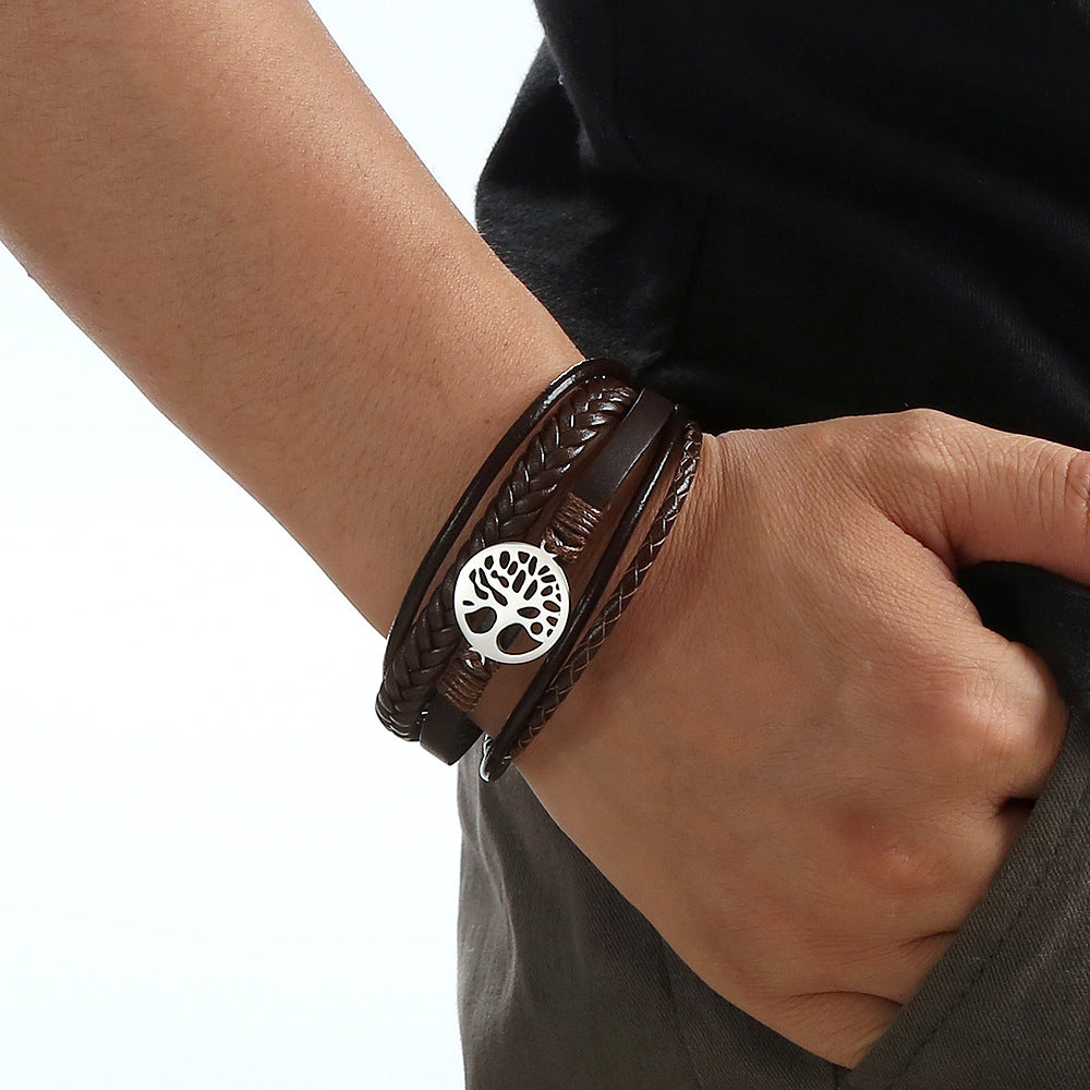 Simple Multilayer Leather Tree of Life Shaped Magnetic Bracelet