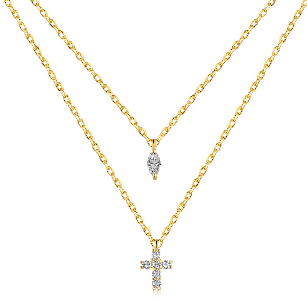 Collier croix double couche en zircone cubique en argent sterling