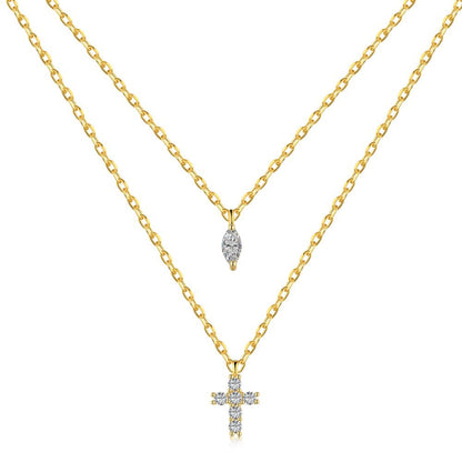 Collier croix double couche en zircone cubique en argent sterling