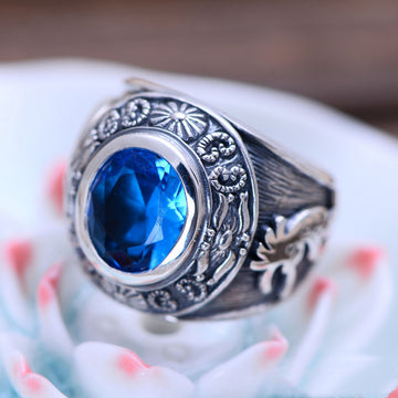 Vintage Totem Blue Crystal Sterling Silver Ring