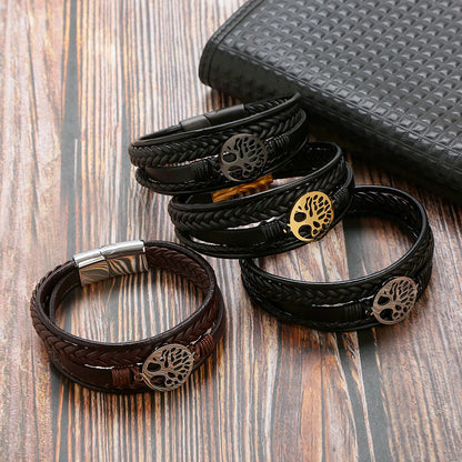 Simple Multilayer Leather Tree of Life Shaped Magnetic Bracelet