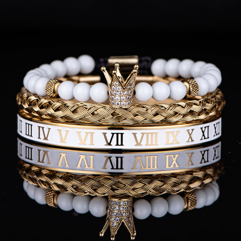 Crown With Roman Numerals Stainless Steel Bracelet Set