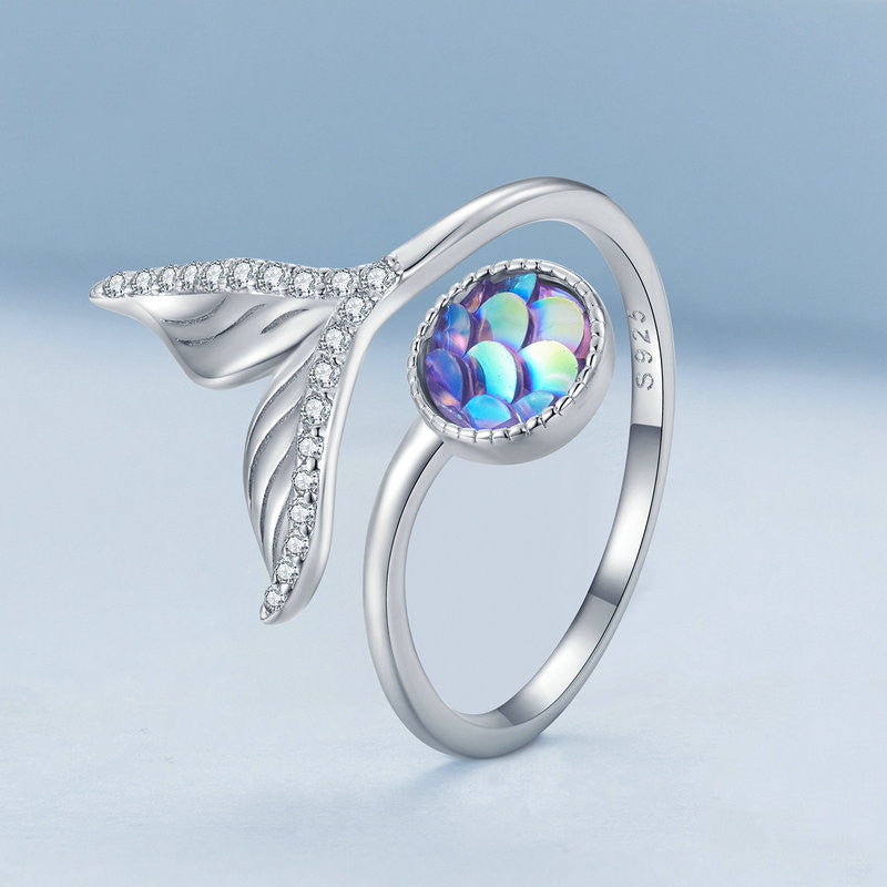 Fishtail Resin Cubic Zirconia Adjustable Open Silver Ring