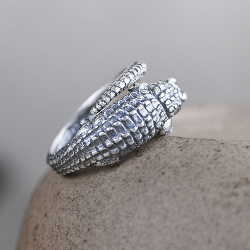 Bague Argent Ajustable Crocodile Vintage