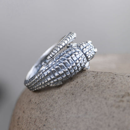 Bague Argent Ajustable Crocodile Vintage